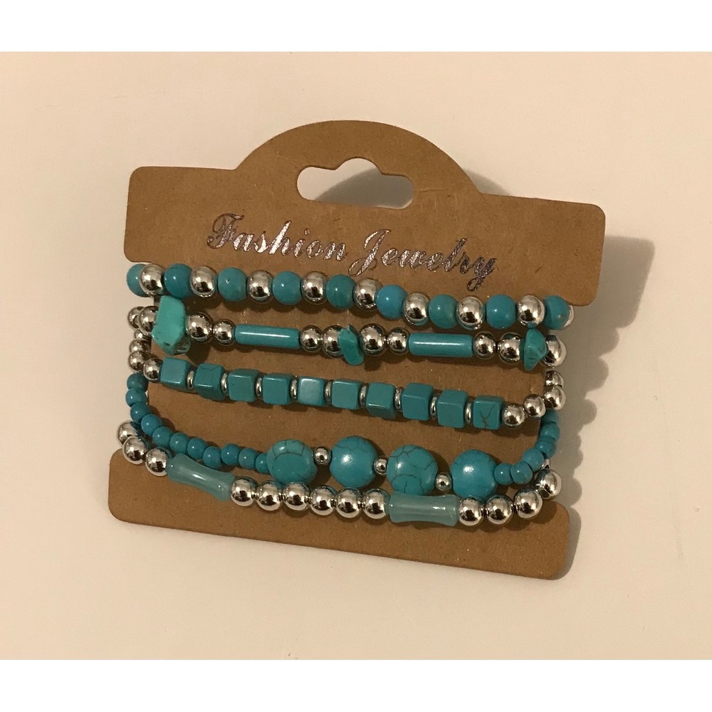 Bohemian Beaded Bracelet Sets Turquoise Silver Wood Tassel Butterfly Charms 3pk - Picture 4 of 5